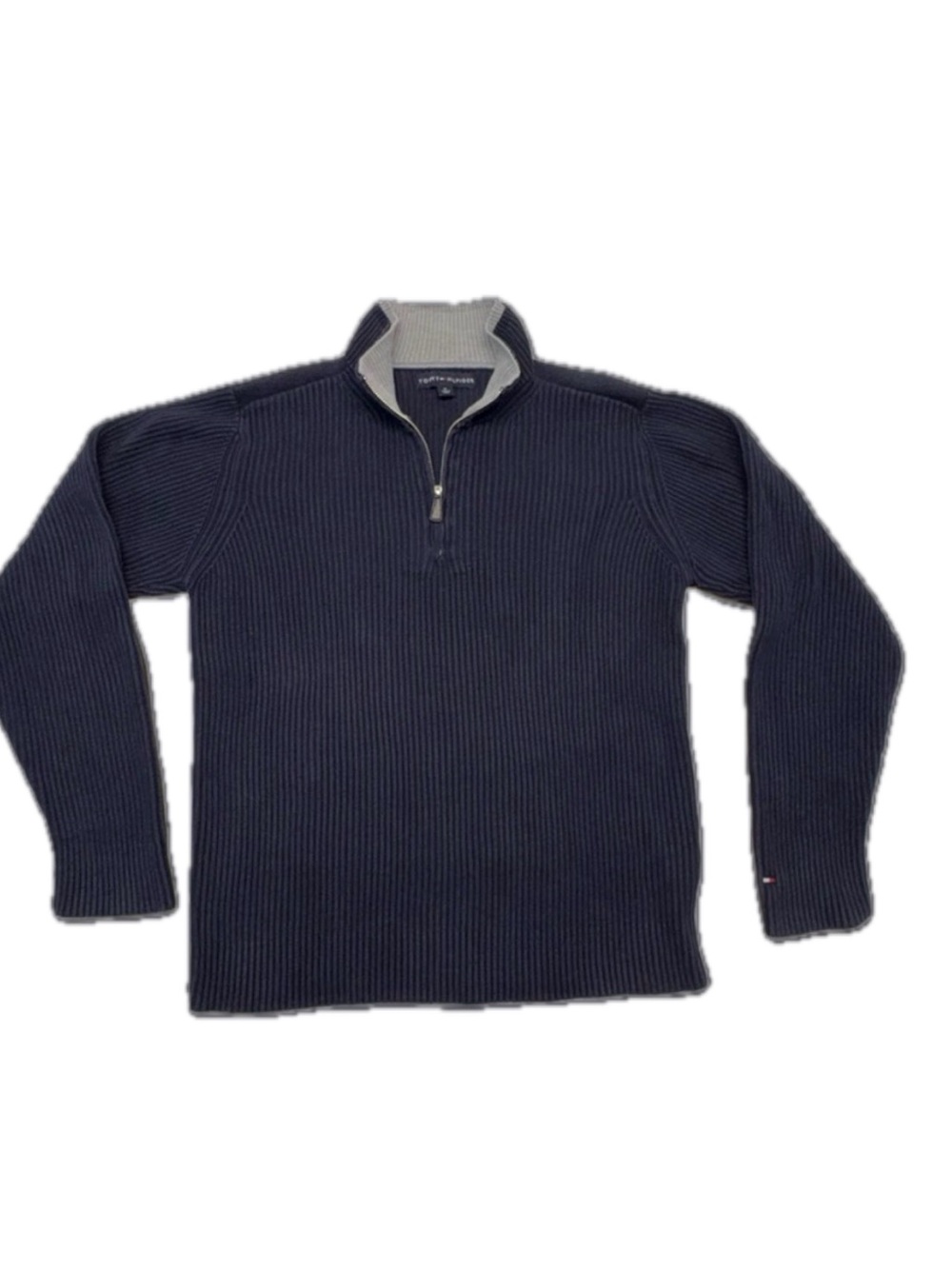 Tommy Hilfiger Navy Blue Chunky Rib Knit Quarter Zip Mock Neck Sweater Medium